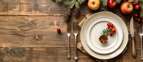 Aufkleber - Table setting adorned with natural elements, featuring a rustic charm and a rustic appeal ideal for a copy space image.