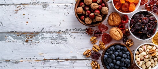 Aufkleber - Top view of a variety of dried fruits and nuts on wooden boards against a white backdrop, conveying symbols for both the Jewish holiday Tu Bishvat and Thanksgiving Day, with space for text or images.