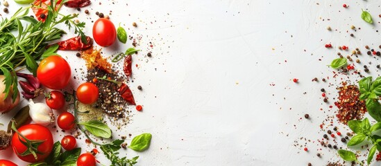Poster - Top view background of spices, herbs, and organic vegetables for cooking on a white backdrop with copy space image.