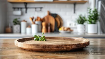Empty Wood plate on wooded table with white contemporary modern kitchen accessories, for food and product display montage 