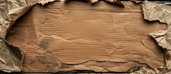 Aufkleber - Ripped cardboard and brown paper with copy space image on rustic wood background viewed from the top.
