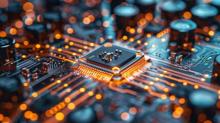 Fototapete - A close-up image of a microchip on a circuit board with illuminated traces.
