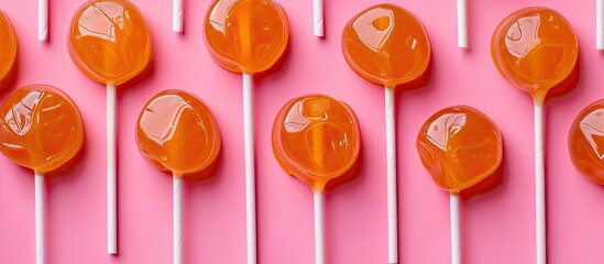 Poster - Vibrant, tasty caramel lollipops on a pink backdrop in a minimalist design with room for text or images.