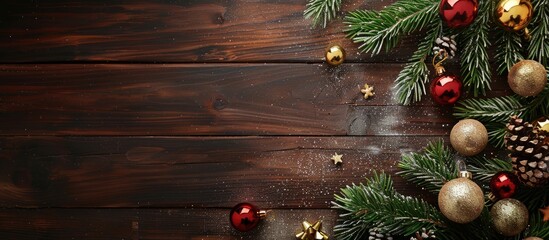 Poster - A background of brown brushed wood with glittering shiny toy balls on fir and spruce pine branches, providing a copy space image.