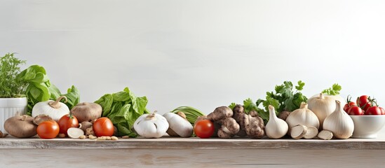 Aufkleber - Various fresh vegetables and mushrooms arranged on a white kitchen table, with ample space for adding text in the image.