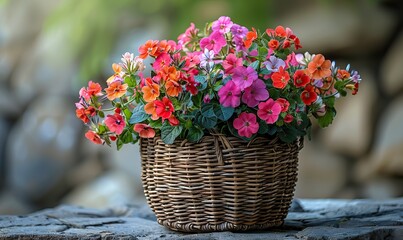 Wall Mural - woven rattan flower basket on stone background happy mother s day international women s day birthday concept.image