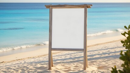 Wall Mural - A blank cover white poster sign standing on the sandy beach with clear blue water in the background