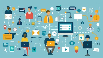 Poster - Creative illustration of department representatives exchanging ideas via email, chat, and video calls, symbolizing effective interdepartmental communication