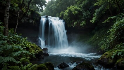 The deafening roar of a waterfall echoing through a dense forest ai_generated