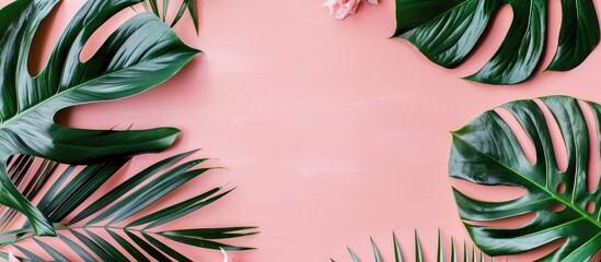 Wall Mural - Top view of tropical leaves, including a monstera leaf, set on a light pink backdrop for a flat lay presentation with creative minimal design, leaving room for text or other images - copy space image.