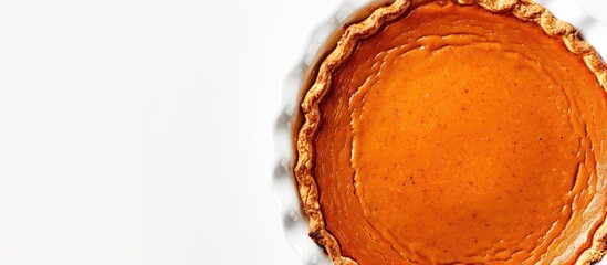 Poster - Close-up of a delicious pumpkin pie in a baking dish on a white background with copy space image.