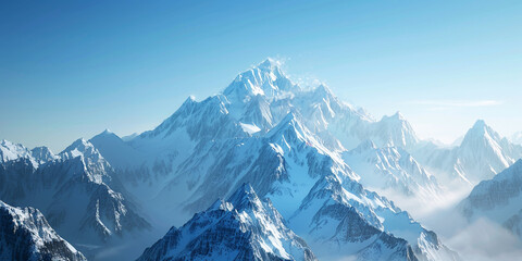 Wall Mural - A towering mountain range under a clear blue sky, each peak sharply defined against the horizon, with snow-capped summits catching the sunlight