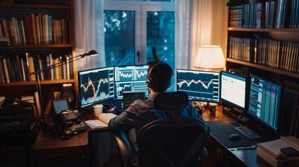 Poster - A man works late into the night analyzing stock market data on multiple computer screens. He sits at his desk in a dimly lit room surrounded by bookshelves.