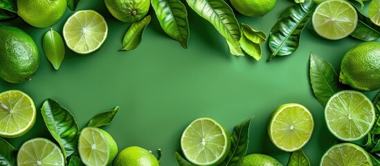 Poster - A vibrant green background displays fresh lime slices with leaves, offering copy space in a top view flat lay for a creative tropical fruit-themed composition rich in vitamin C and citrus elements.