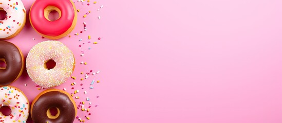 Poster - Top view of donuts with sprinkles on a pink background, highlighting the concept of sugar, calories, and homemade sweets with ample copy space image.