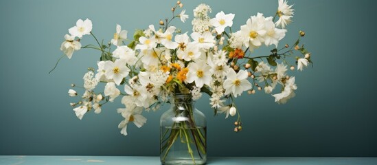 Wall Mural - White wildflowers displayed in a clear bottle against a grey backdrop, creating a picturesque copy space image.