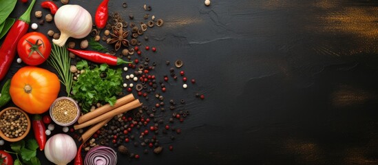 Poster - Top-view copy space image with vegetables and spices for your text on a cooking banner backdrop.
