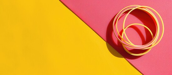 Poster - Aerial perspective of a rubber band on a pink exercise mat against a yellow backdrop with empty space for adding an image.