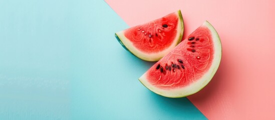 Poster - minimalist concept of a fashion watermelon displayed elegantly on a pastel background, creating a su