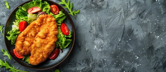 Poster - Top view of a Breaded German Weiner Schnitzel on a gray background, with space for text or other elements in the image.