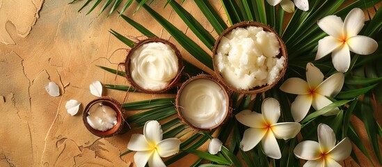 Poster - Coconut oil and cream with exotic foliage and blossoms create a serene natural spa setting in a copy space image.