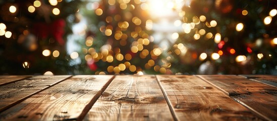 Poster - Blurred Christmas-themed background with a wooden table in front, creating space for text. Soft focus adds to its artistic appeal. Copy space image included.