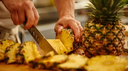 Canvas Print - With a sy stick a person skillfully pries open a spiky pineapple and slices it into bitesized chunks.