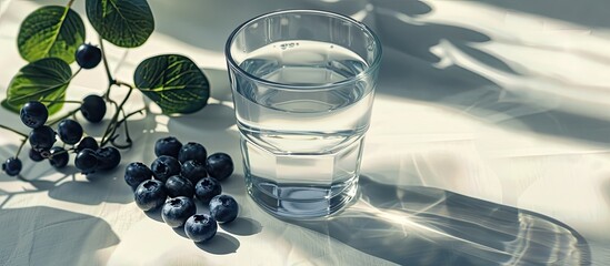 Poster - A contemporary summer scene with a glass of water, blueberries, elongated shadows, set against a white table background, all bathed in sunlight for a copy space image.