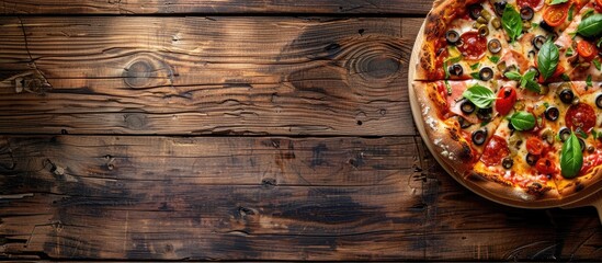 Poster - Wooden background with a delicious pizza on a board, perfect for placing your text near the copy space image.