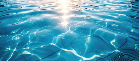 Poster - Swimming pool with blue water reflecting sunlight and rippling, creating a serene and inviting atmosphere, ideal for a copy space image.