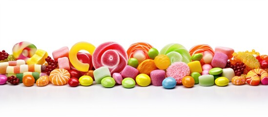 Poster - Various types and flavors of candies up close on a white background with copy space image.