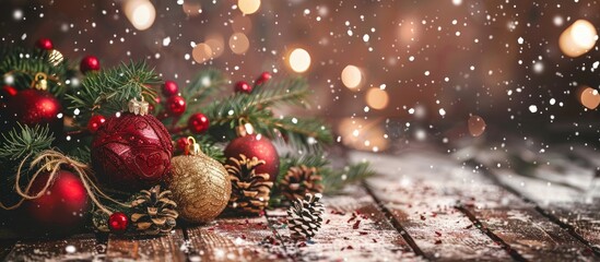 Aufkleber - Festive Christmas background showcasing lovely decorations on a wooden backdrop for New Year and Christmas holidays with copy space image.