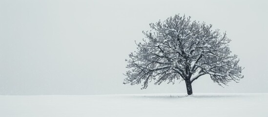 Aufkleber - Tree with bare branches against a snowy background, providing a serene and peaceful copy space image.