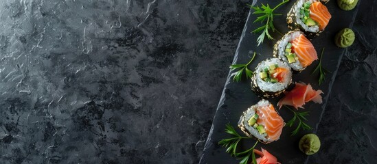 Poster - Uramaki sushi rolls displayed on a slate board with copy space image.