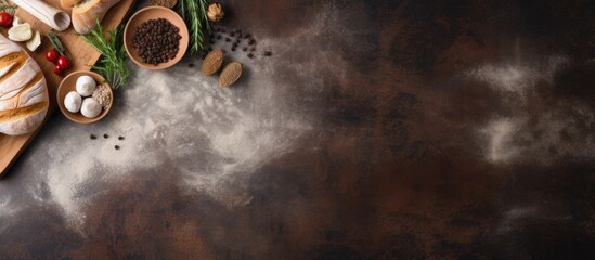 Aufkleber - Stone background adding copy space for food or baking recipe concept with a cutting board for pizza or bread on a table. Panoramic top view in flat lay style.