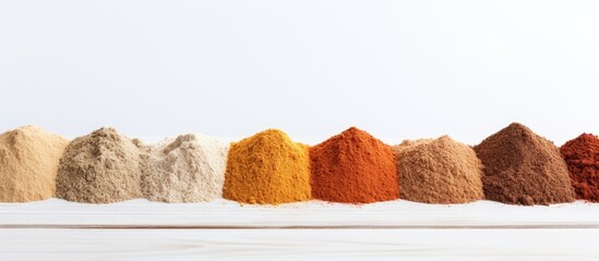 Poster - Close-up view of powdered spices on a white wooden surface with ample copy space for text or images.