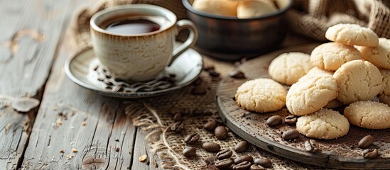 Poster - Italian Savoiardi cookies and coffee displayed in a rustic style setting with selective focus on a copy space image.