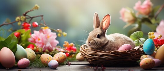Fototapete - Happy Easter greeting card with text, Easter eggs, bunny, and flowers on a background with copy space image.