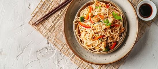 Poster - A plate of chicken and vegetable soba noodles sits on a stand with soy sauce and sesame seeds, next to chopsticks, against a plain background for a copy space image.