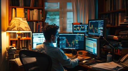Poster - A man sits at his home office desk, looking at multiple computer screens displaying stock market data. He appears to be trading stocks at night.