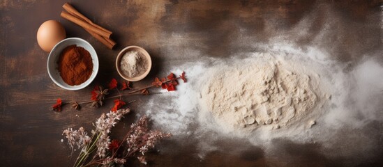 Sticker - Mixing bowl with flour and cocoa powder along with various ingredients for cooking a healthy meal at home, creating a conceptual copy space image.