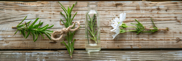 Wall Mural - Fresh Rosemary and Flower with Bottle of Essential Oil on Rustic Wooden Background