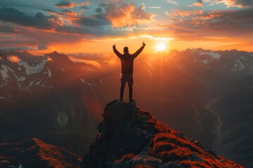 Wall Mural - Silhouette of man standing on top mountain with arms raised up and enjoying sunset sky view Concept for success, achievement or freedom in business. ,copy space Generative AI