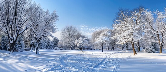 Aufkleber - Clear winter day in the park with snow-covered trees, ideal for a copy space image.