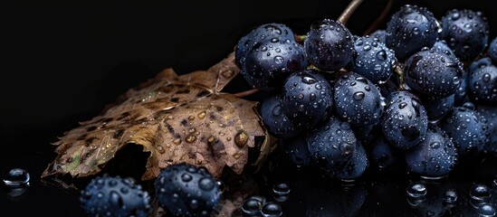 Aufkleber - A black background highlights wet dark blue grapes with a dried leaf, leaving room for additional content in the image.