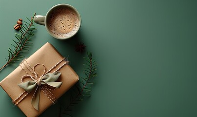 Wall Mural - flat lay holiday concept, gift box tie, coffee cup on a green background fathers day male birthday concept.image