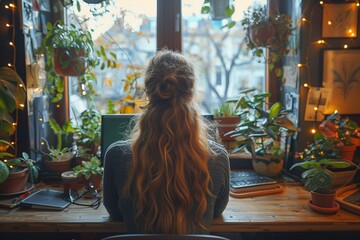Poster - Woman Working at Desk With Window View and Indoor Plants