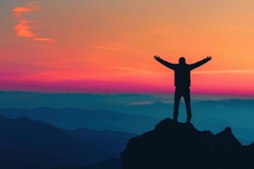 Wall Mural - Silhouette of man standing on top mountain with arms raised up and looking at sky during sunset Concept for success, achievement or determination in business Generative AI