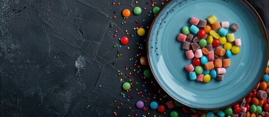 Canvas Print - Colorful candies, marshmallows, and sweets arranged on a dark background with a blue plate in a top-view copy space image.