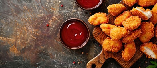 Poster - On the table lies a wooden board with delicious chicken nuggets accompanied by a flavorful sauce, creating an appetizing copy space image.